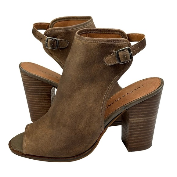 Lucky Brand Choco Brown Open Toe Ankle Strap Sandal Bootie Size 8 Block 4” Heels - Picture 5 of 13